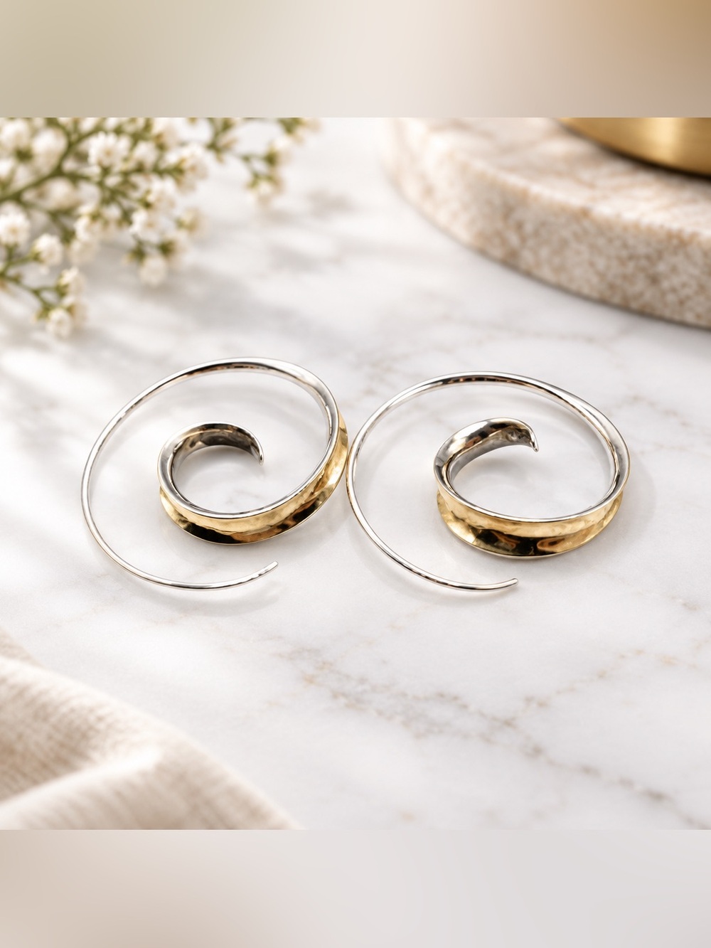 Gold and Silver Spiral Hoop Earrings - Two - tone Swirl Design